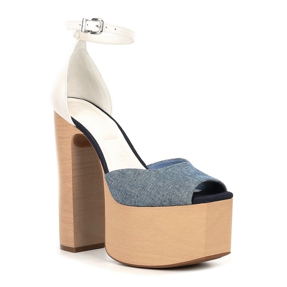 Gianni Bini Fenix Denim Peep Toe Woodgrain Platform Pumps NEW